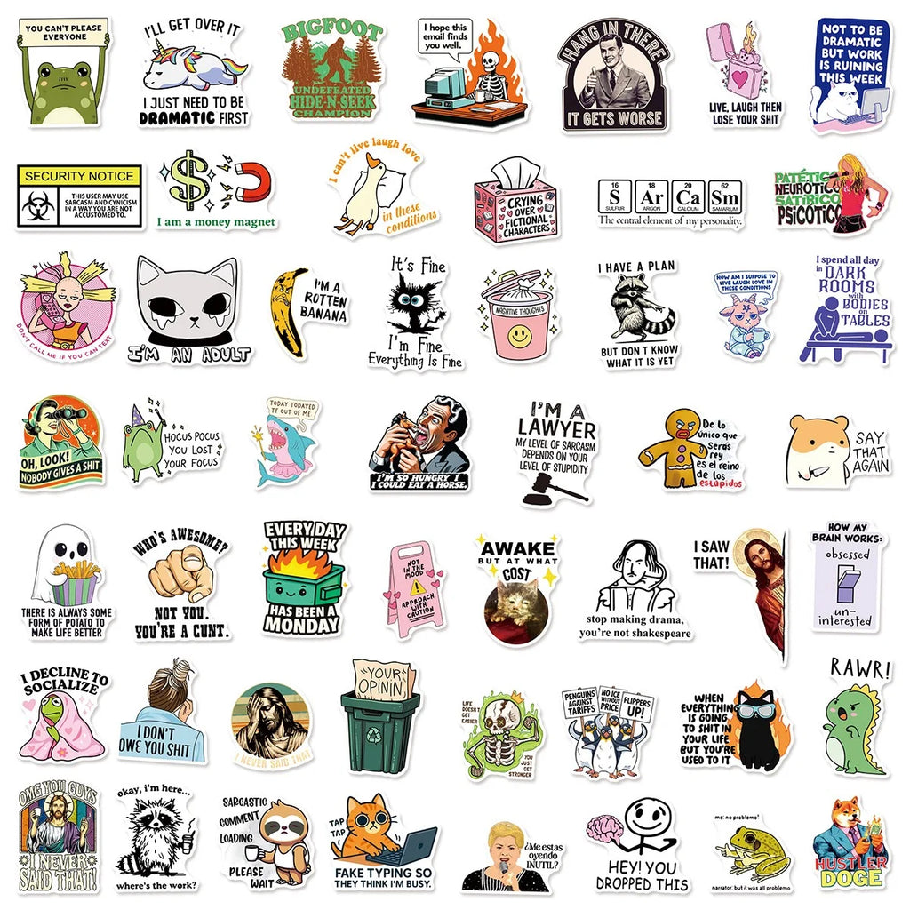50PCS Funny Snarky Meme Stickers Cartoon Decals Decoration DIY Notebook Fridge Phone Bike Laptop Guitar Graffiti Stickers