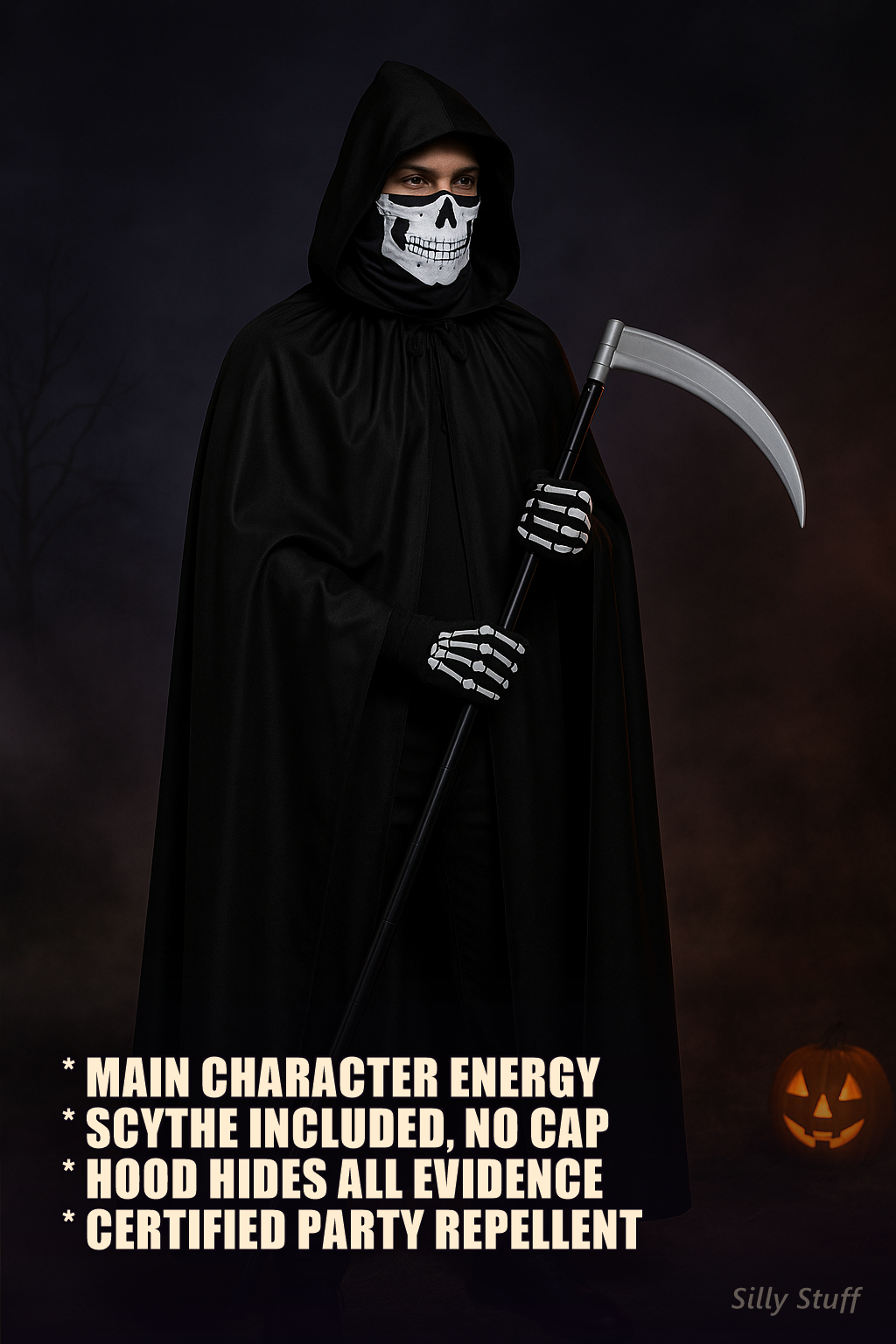 Grim Reaper Costume Set - model wearing full costume with scythe